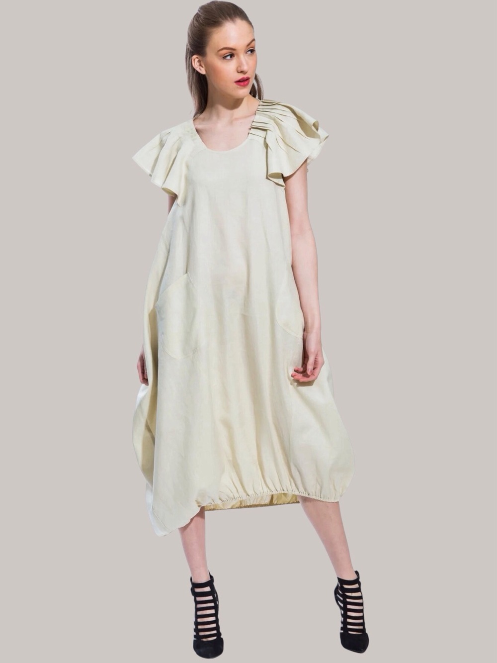 Women's Origami Cream Pleated Ruffle-Sleeve Balloon Dress W/Pkts. Size-L NIB